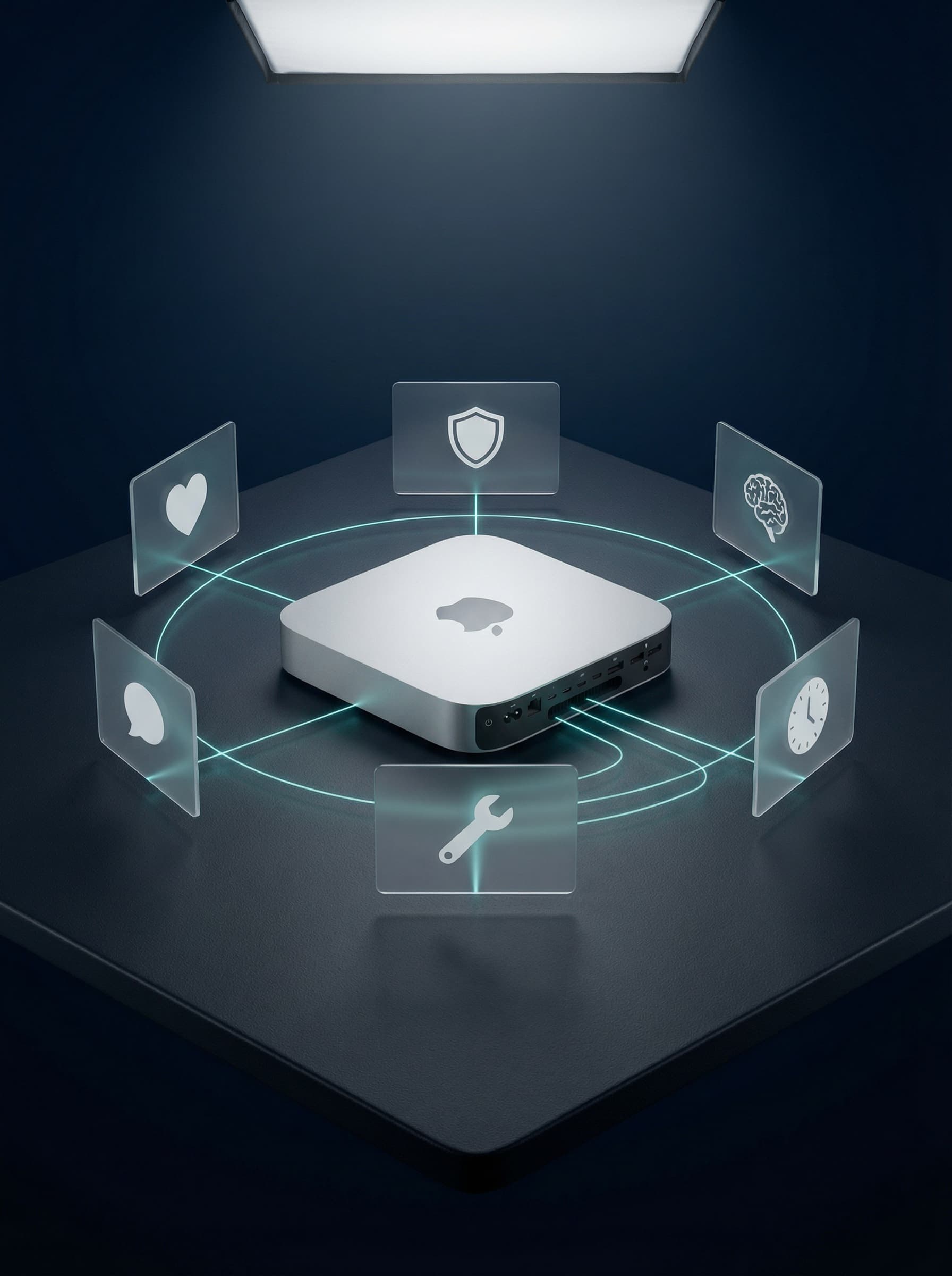 Mac Mini surrounded by six capability nodes, personality, security, memory, scheduling, skills, and channels, connected by teal lines